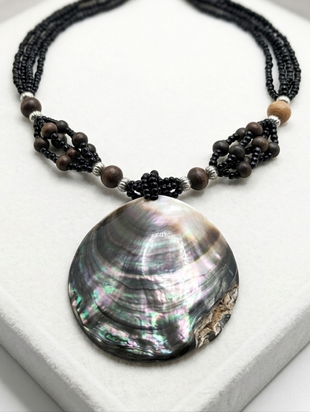 Vintage Handmade Mother of Pearl Shell Necklace Island Boho Beaded Wooden
